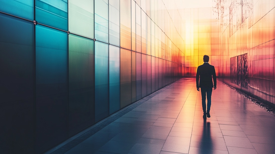 Silhouette of a person walking through a colorful, modern hallway symbolizing privacy and anonymity