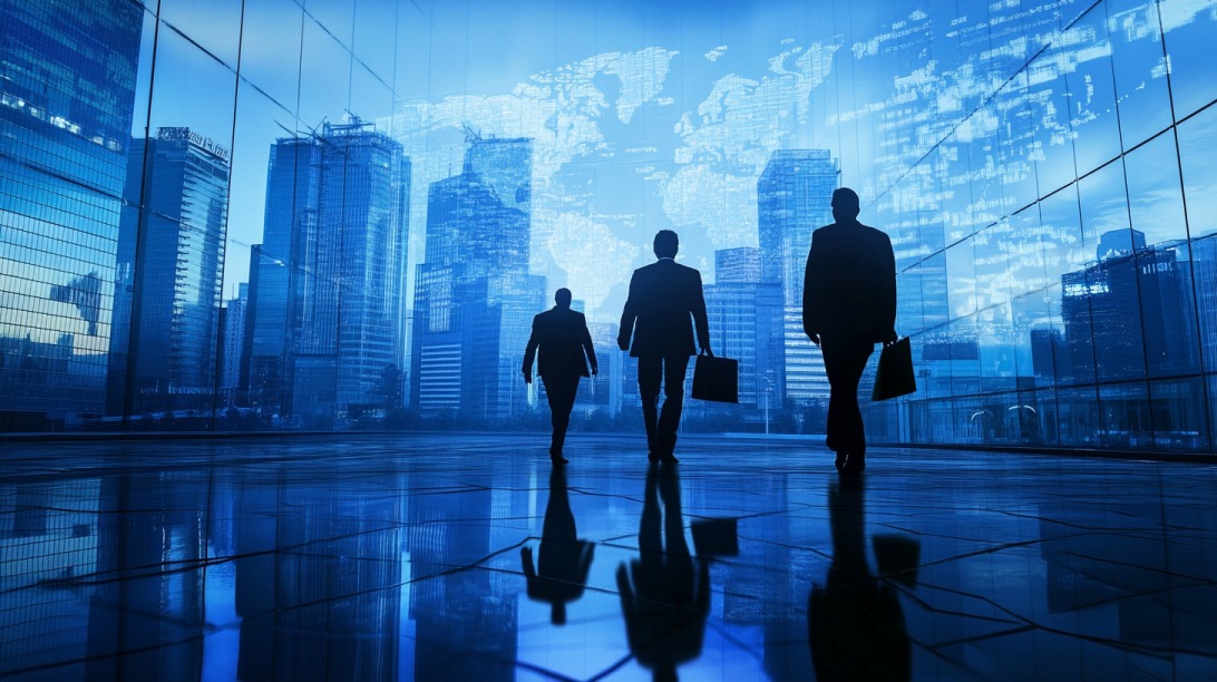 Silhouettes of business professionals walking through a modern cityscape with digital world maps in the background