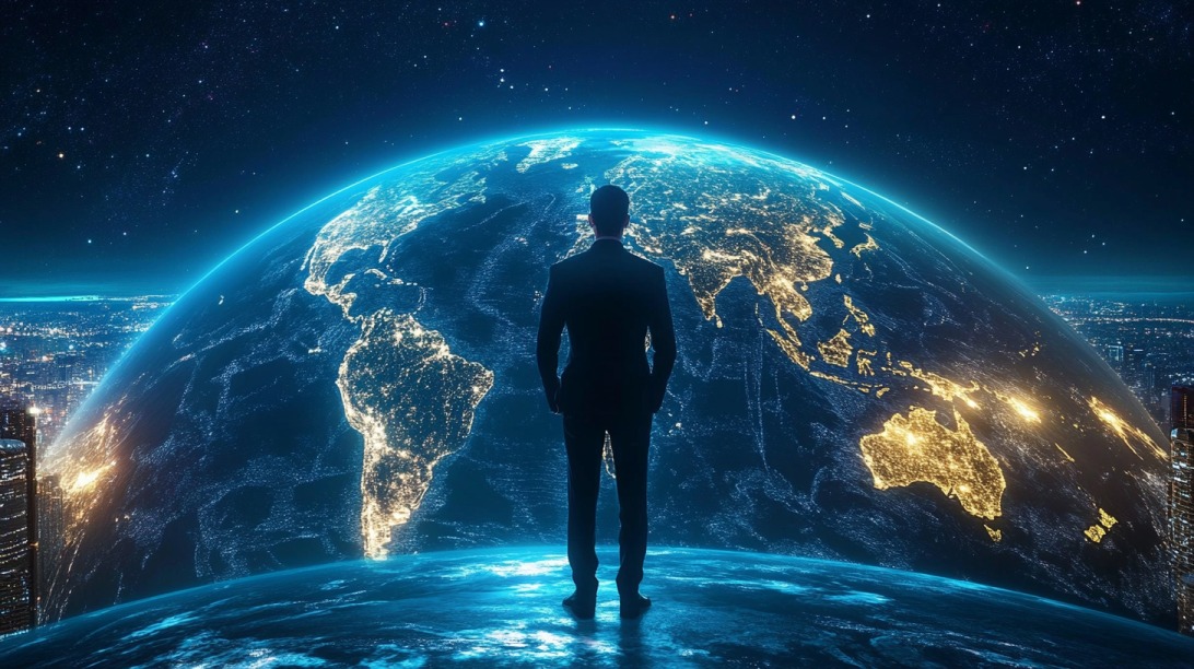 Silhouetted man in a suit standing in front of a glowing Earth at night, symbolizing global business perspective