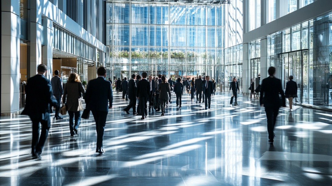 Business professionals walking through a modern, glass-walled corporate atrium.