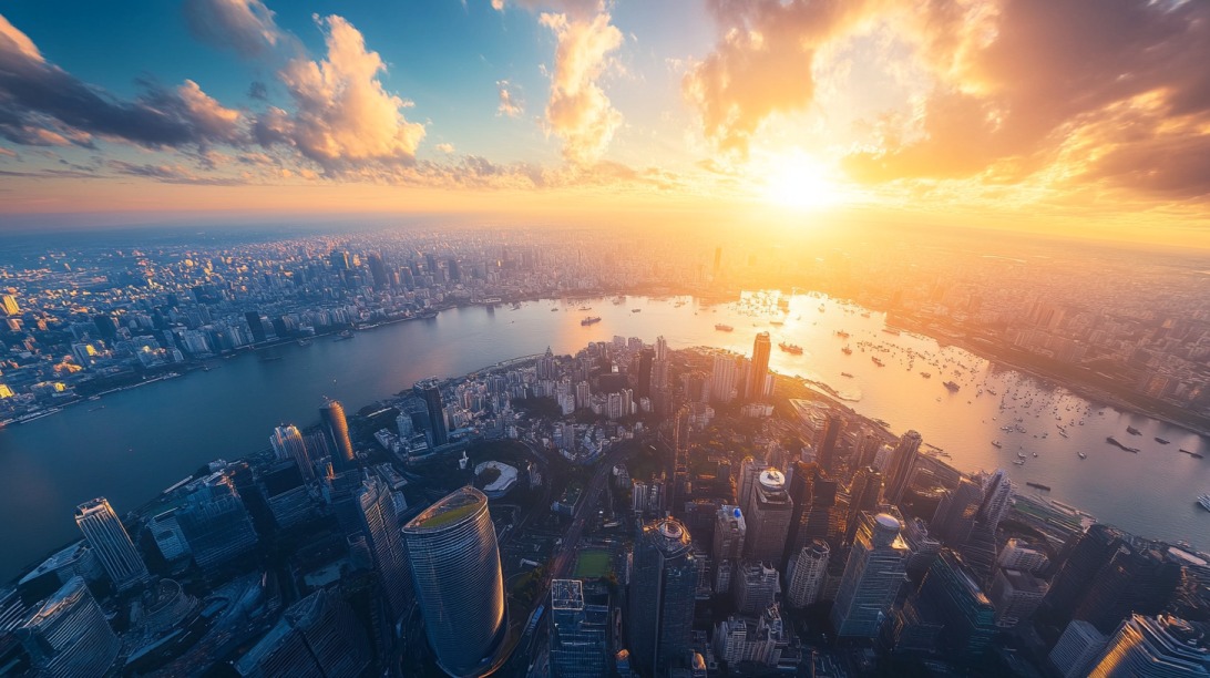 Aerial view of a modern city skyline at sunrise, symbolizing global business opportunities and legal protection