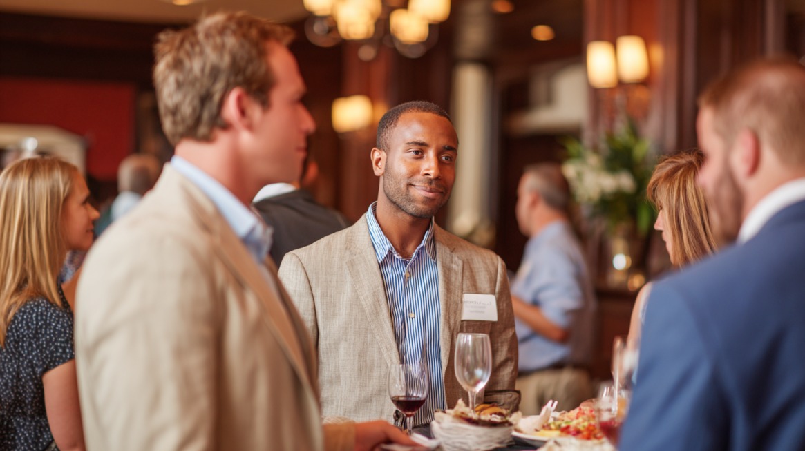 Professionals engaging in conversation and dining at a Delaware networking event