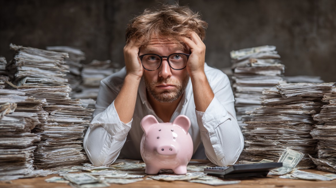 Man with glasses looking stressed while sitting between tall stacks of paperwork with a pink piggy bank in front of him
