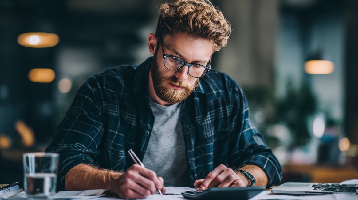 Man with glasses focused on writing and using a calculator while reviewing financial documents at a table