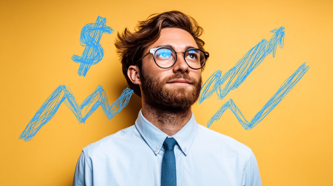 Man with glasses standing in front of yellow background with blue doodles of dollar sign and rising graphs