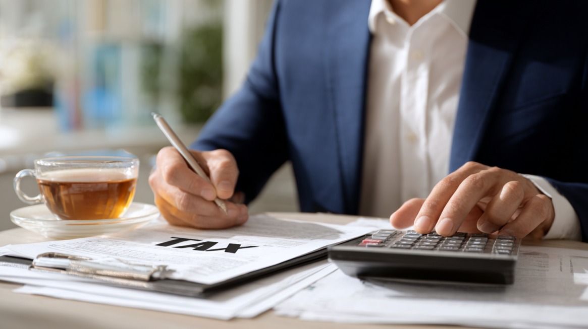 Person in a suit calculating numbers on a calculator while filling out tax forms with a cup of tea nearby