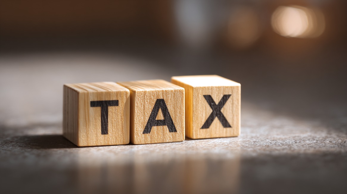 Wooden blocks on a table spelling the word TAX with soft lighting in the background