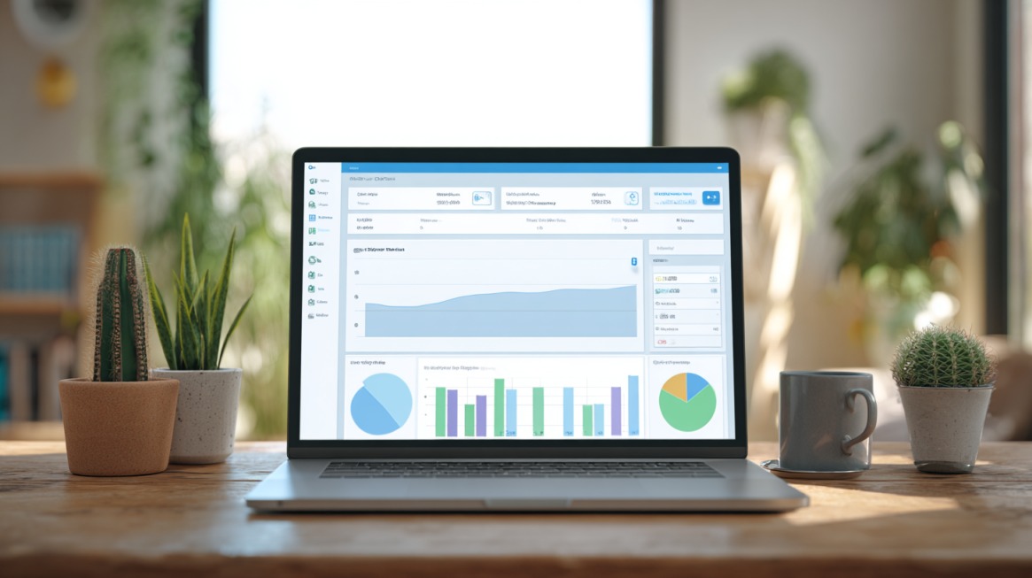 Laptop on a wooden table displaying financial dashboard charts and graphs with small potted plants and a coffee mug around it